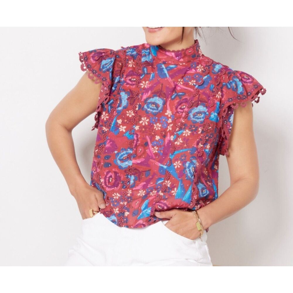 FARM Rio Pink and Blue Floral Flutter Sleeve Blouse